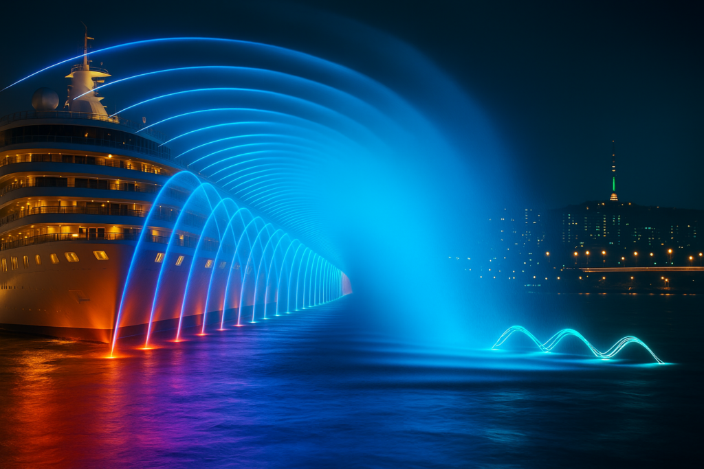 La fontaine musicale de l'Himalaya a remporté avec succès le projet de fontaine numérique de la croisière à Chypre 1 Digital fountain installation on luxury cruise ship in Cyprus by Himalaya Music Fountain