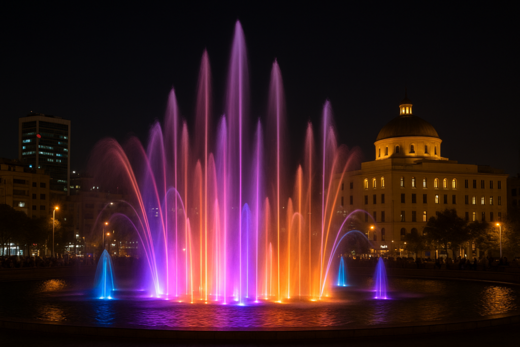 Musical fountain show at night in Amman city center, Jordan