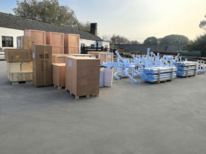 Plywooden cases containing musical fountain equipment ready for shipment to India